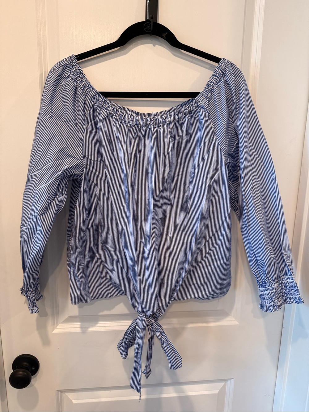 Blue & White Striped Off Shoulder Tie Front Blouse